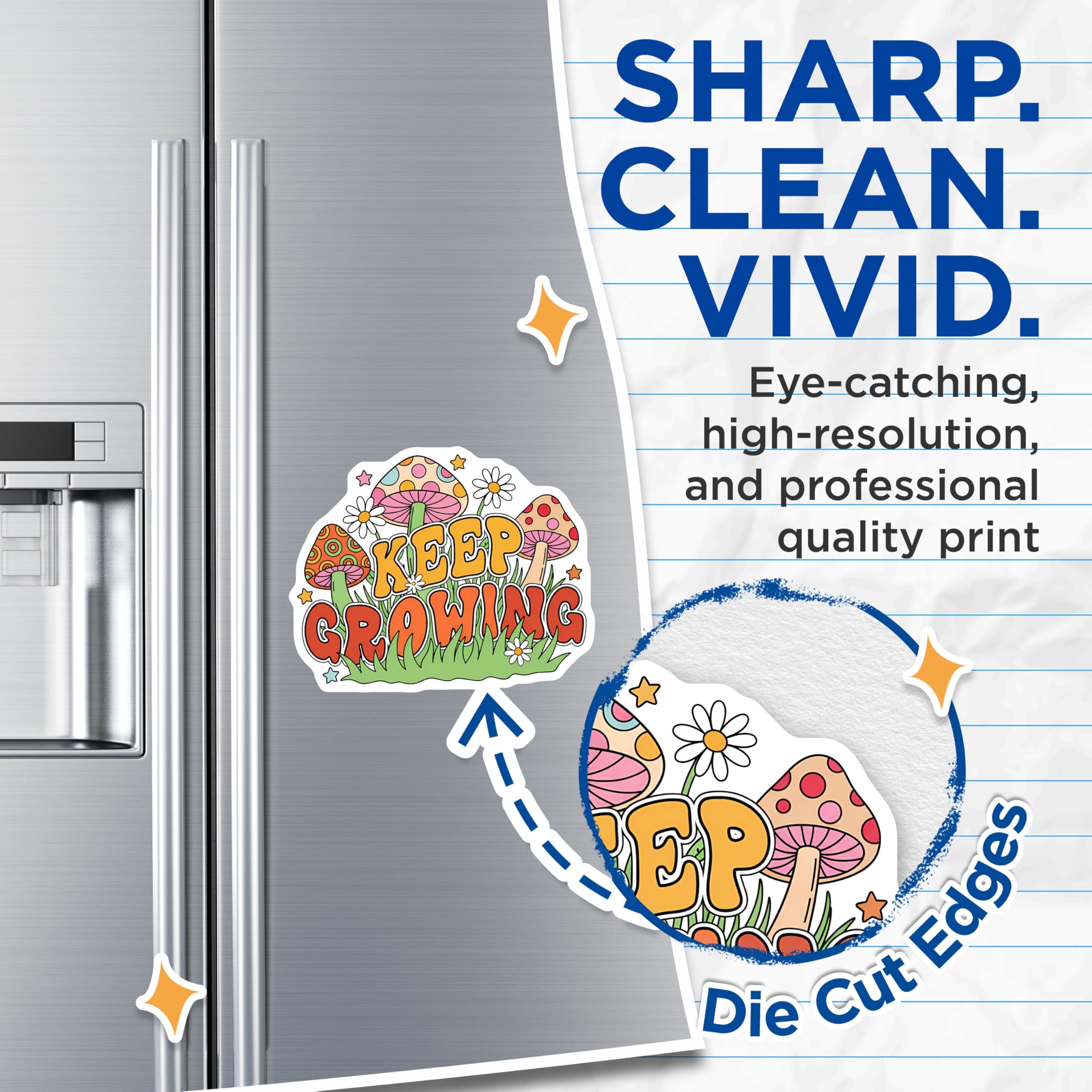 (2 Pack) Keep Growing Magnets - Retro Groovy Mushrooms - Inspirational Daisy Stars Fridge Decor - 5 Inches On Longest Side - Thick Durable Magnet - Made in USA - MAG22082