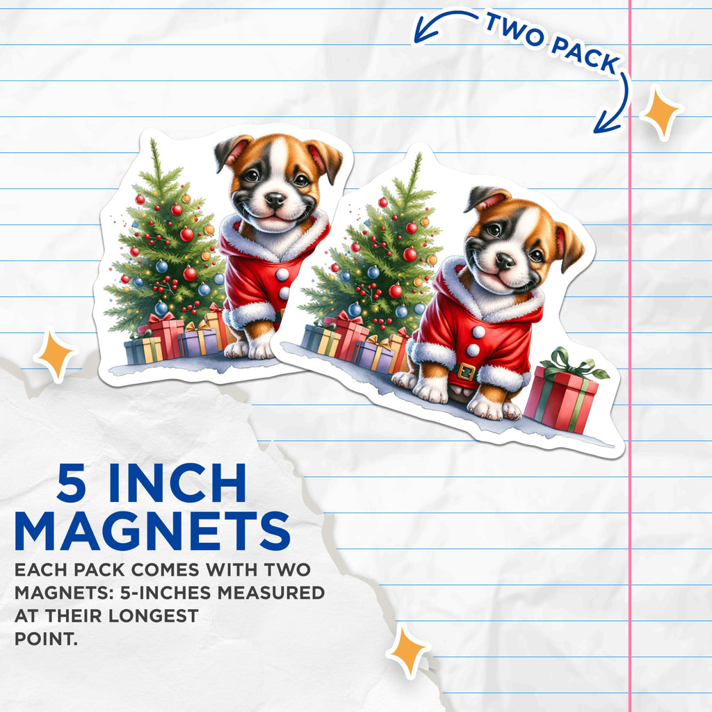 (2 Pack) Cute Christmas Puppy Magnets - Santa Suit Dog Decor - Festive Pet Lover Refrigerator Accessory - 5 Inches On Longest Side - Thick Durable Magnet - Made in USA - MAG29161
