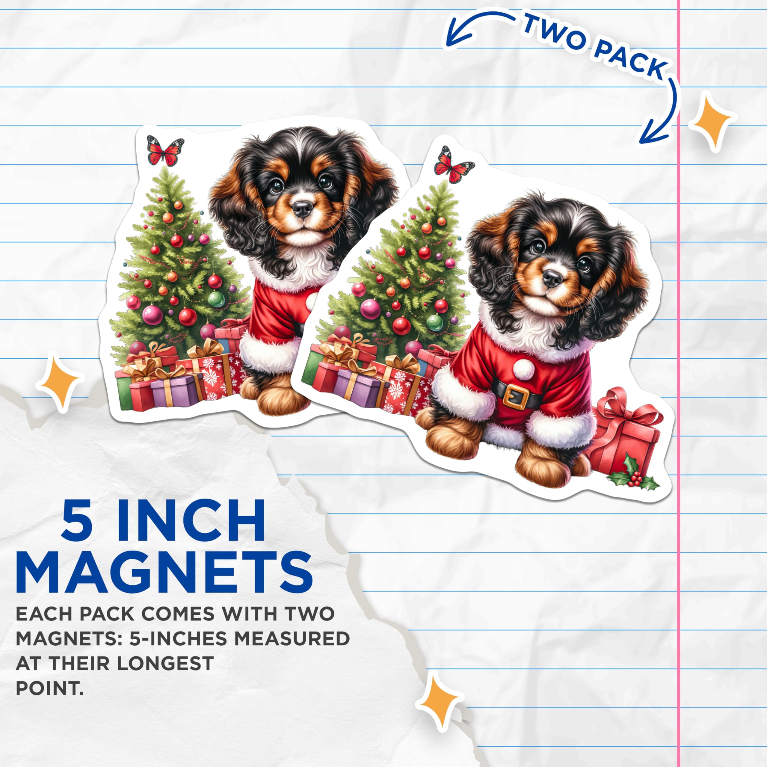 (2 Pack) Cavalier King Charles Spaniel Magnets - Santa Puppy Christmas Decor - Festive Dog Holiday Animal Collectible - 5 Inches On Longest Side - Thick Durable Magnet - Made in USA - MAG24333