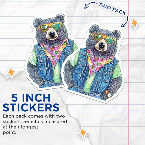 (2 Pack) Cool Bear Stickers - Fun Animal Stickers - Cute Animal Art - 5" On Longest Side - Sticks to Smooth Flat Surfaces - Made in USA - BMCS9504