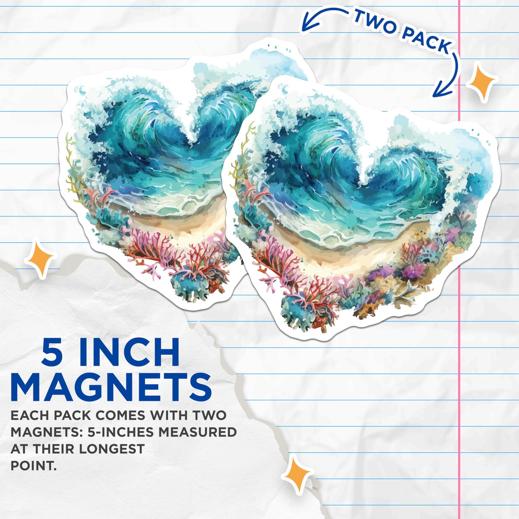 (2 Pack) Ocean Heart Waves Magnets - Coastal Beach Reef Art - Marine Life Home Decor - Tropical Decor Fridge Magnet Set - 5 Inches On Longest Side - Thick Durable Magnet - Made in USA - MAG19829