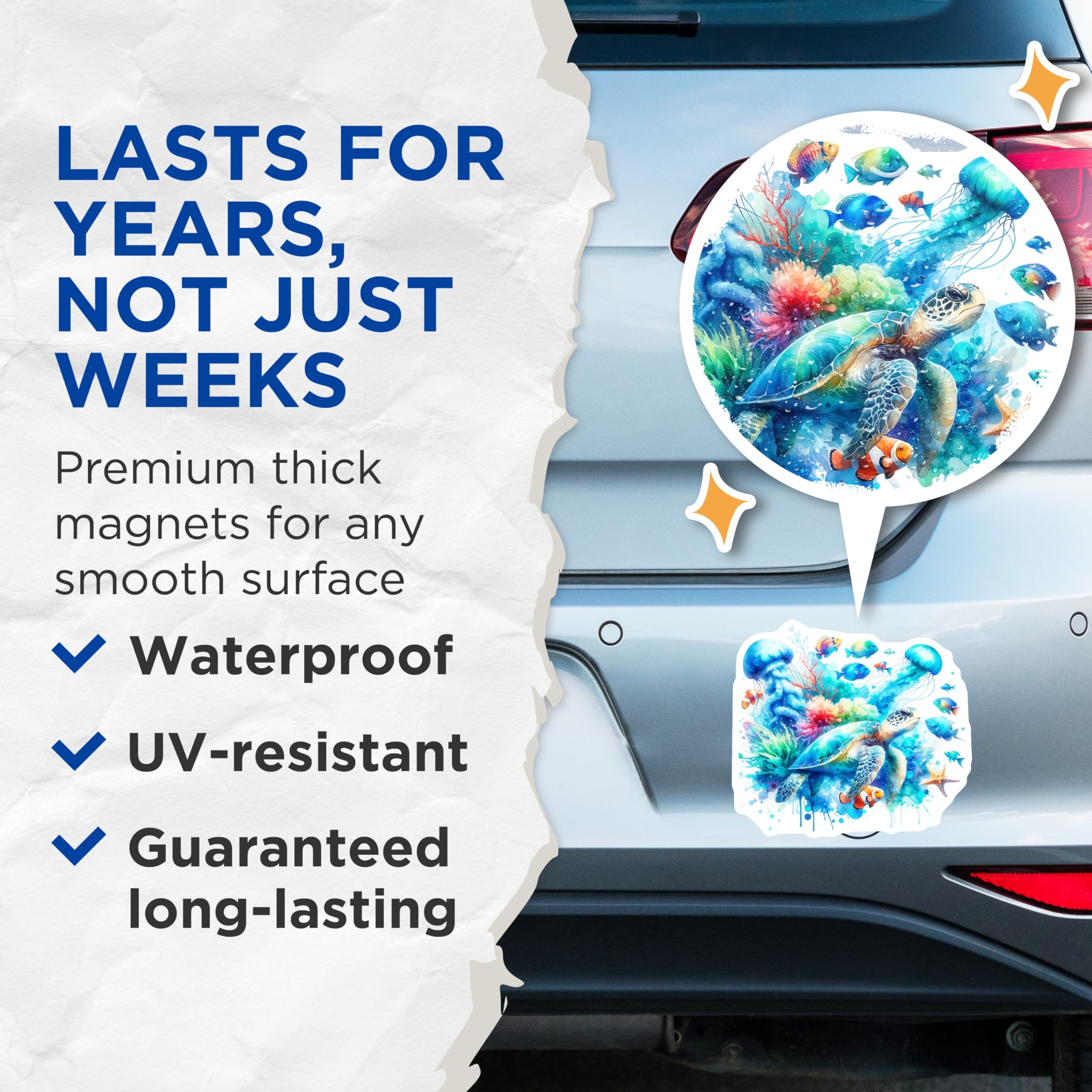 (2 Pack) Sea Turtle Magnets - Ocean Life Decor - Aquatic Animal Fridge Art - 5" On Longest Side - Premium Magnet - for Cars, Refrigerators, Toolboxes, Lockers - Made in USA - MAG14812