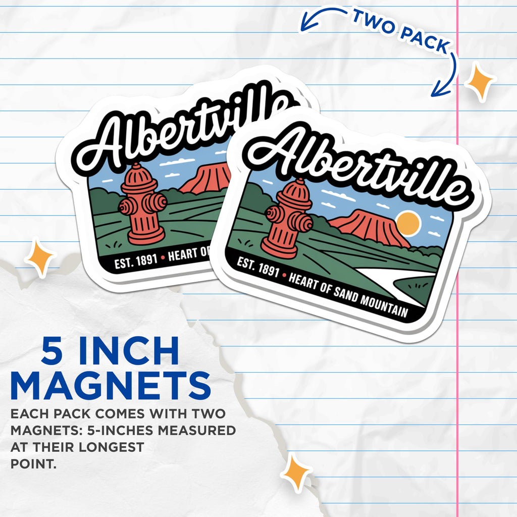(2 Pack) Albertville Alabama Magnets - Sand Mountain - Fire Hydrant Fridge Decor - 5" On Longest Side - Premium Magnet - for Cars, Refrigerators, Toolboxes, Lockers - Made in USA - MAG17151