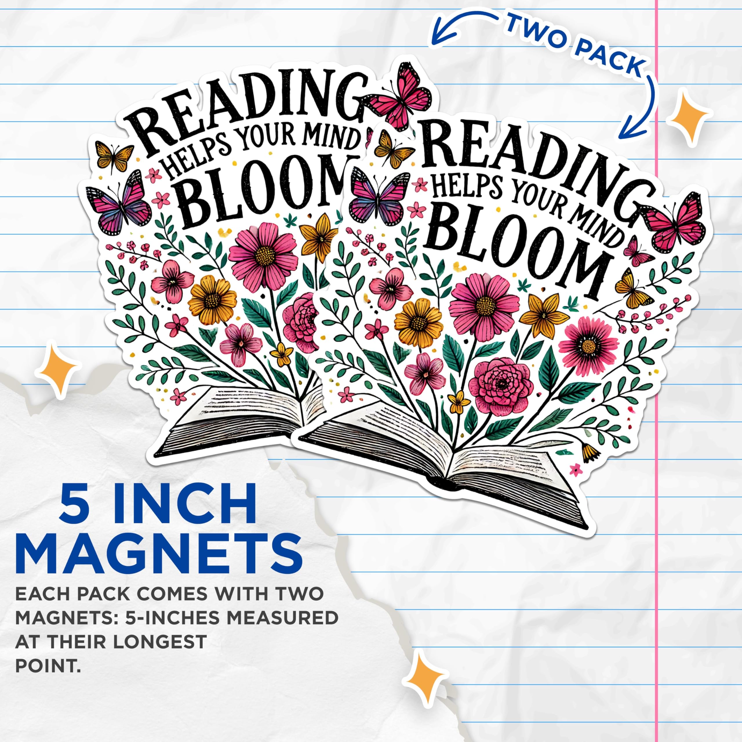 (2 Pack) Reading Helps Your Mind Bloom Magnets - Inspirational Quote Magnets - Flower and Book Design- 5" On Longest Side - for Fridges, Toolboxes, Cars - Made in USA - MAG2761