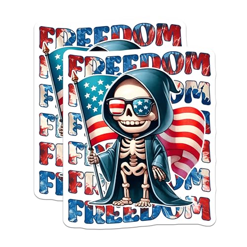 (2 Pack) Skeleton Holding American Flag Stickers - Freedom - Patriotic Skeleton - 5" On Longest Side - Sticks to Smooth Flat Surfaces - Made in USA - BMCS7913