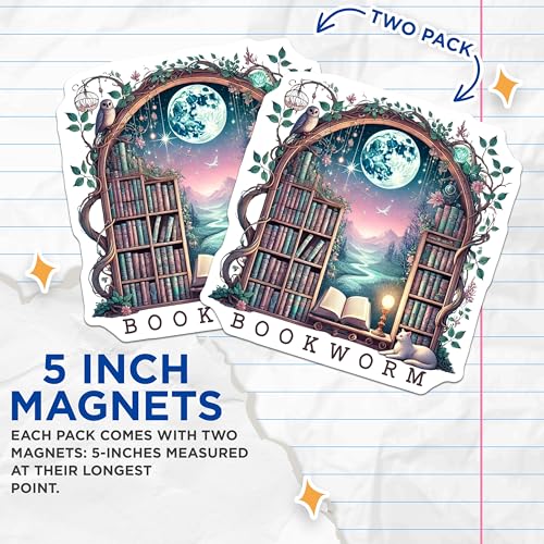 (2 Pack) Bookworm Magnets - Library Decor - Nature Aesthetic Magnets - 5" On Longest Side - for Cars, Fridges, Toolboxes - Made in USA - MAG7065