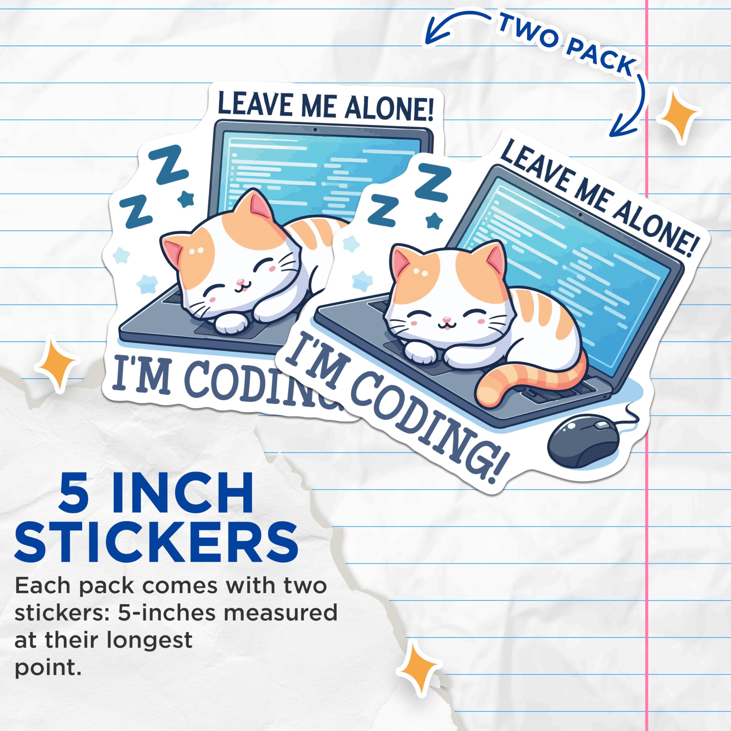 (2 Pack) Cute Cat Coding Stickers - Funny Programmer - Leave Me Alone Cat Sticker - 5" On Longest Side - Sticks to Smooth Flat Surfaces - Made in USA - BMCS6086