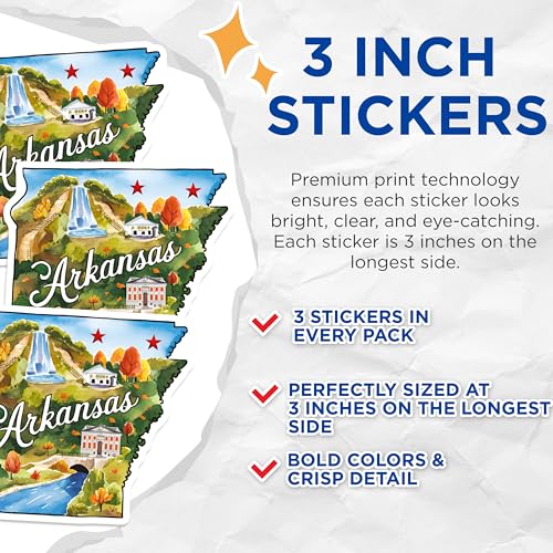 (3 Pack) Arkansas Decals - State Pride Souvenir - AR Laptop Decal- 3 Inches On Longest Side - Easy Peel & Apply - Made in USA - 3MCS5045