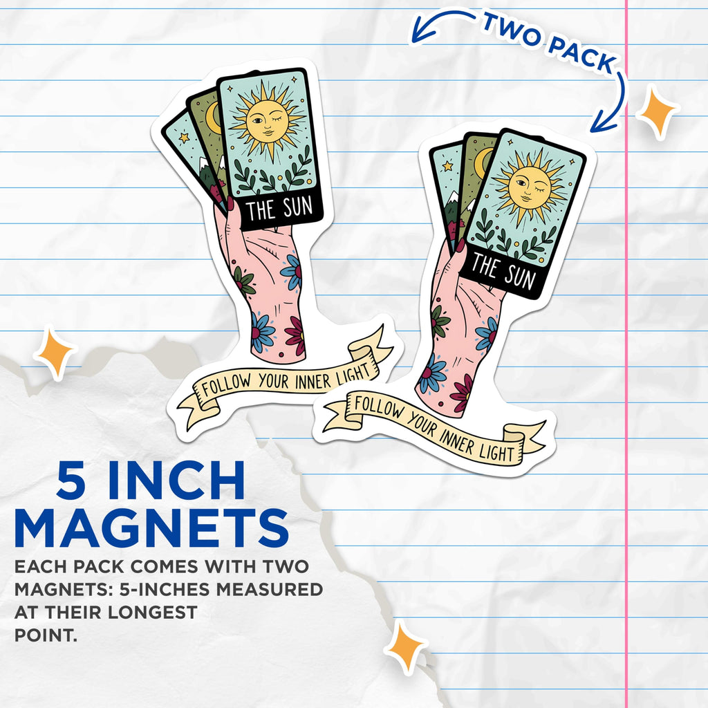 (2 Pack) Tarot Sun Card Magnets - Follow Your Inner Light - Mystical Spiritual Bohemian Decor - Positive Affirmation Art - 5 Inches On Longest Side - Thick Durable Magnet - Made in USA - MAG20197
