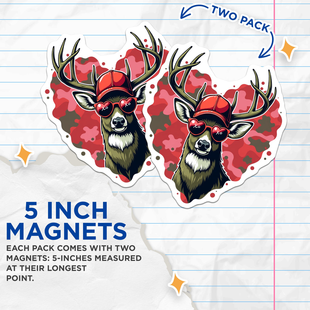 (2 Pack) Cool Deer Magnets - Heart Sunglasses Buck - Camo Valentine Decor for Him - 5 Inches On Longest Side - Thick Durable Magnet - Made in USA - MAG39755