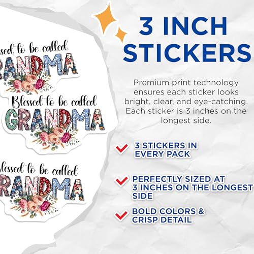 (3 Pack) Blessed Grandma Decals - Floral Letters - Grandmother Gift Decals - 3 Inches On Longest Side - Easy Peel & Apply - Made in USA - 3MCS7234