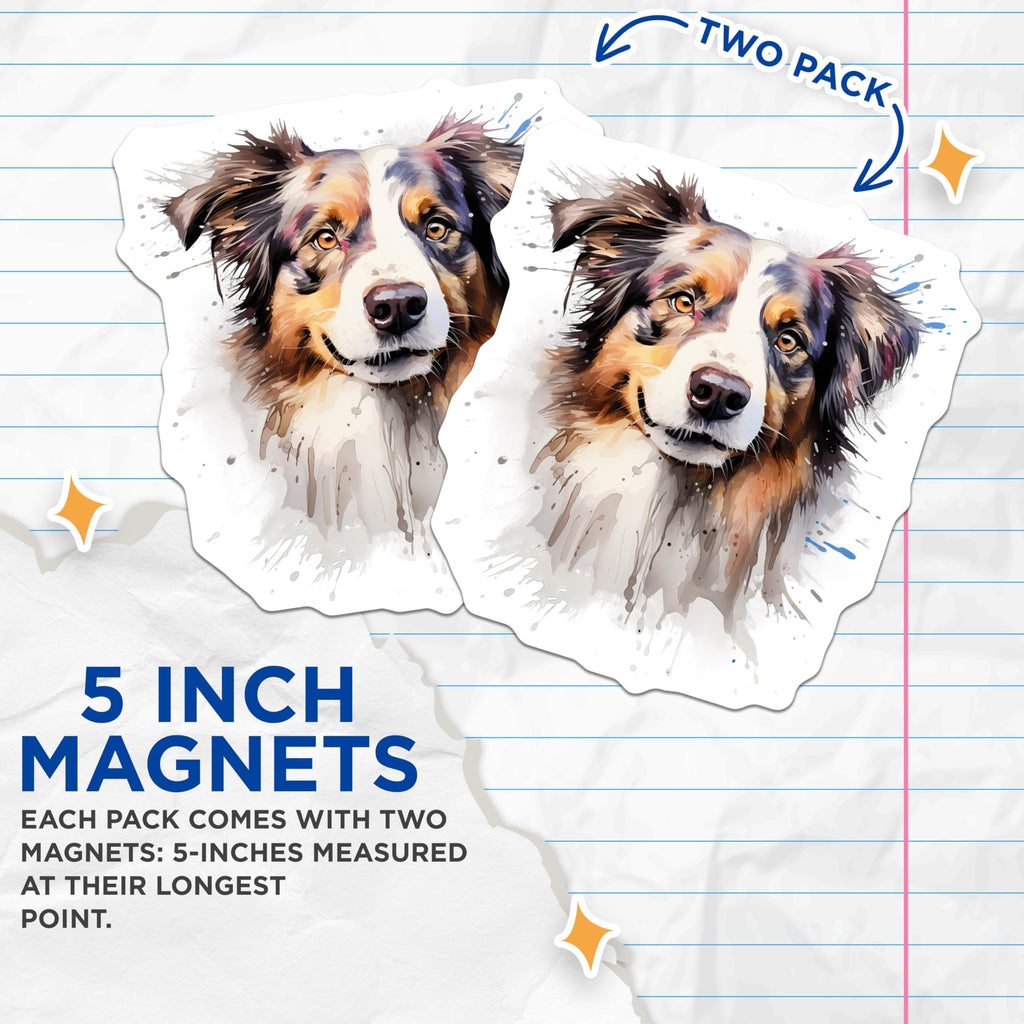 (2 Pack) Australian Shepherd Dog Magnets - Artistic Watercolor Canine Art - Pet Owner Fridge Locker Decoration - 5 Inches On Longest Side - Thick Durable Magnet - Made in USA - MAG24216