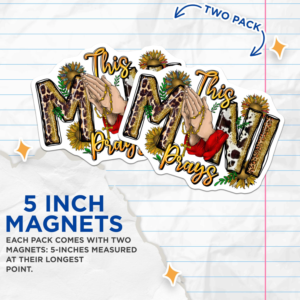 (2 Pack) Mimi Prays Magnets - Christian Grandmother - Faith Based Decor - Sunflower Rosary Art - Animal Print Style - 5 Inches On Longest Side - Thick Durable Magnet - Made in USA - MAG23329