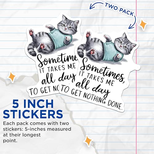 (2 Pack) Funny Cat Stickers - Lazy Day Cat Stickers - Humor Quote Stickers for Planners and Laptops - 5" On Longest Side - Sticks to Any Smooth Flat Surface - Made in USA - BMCS3454