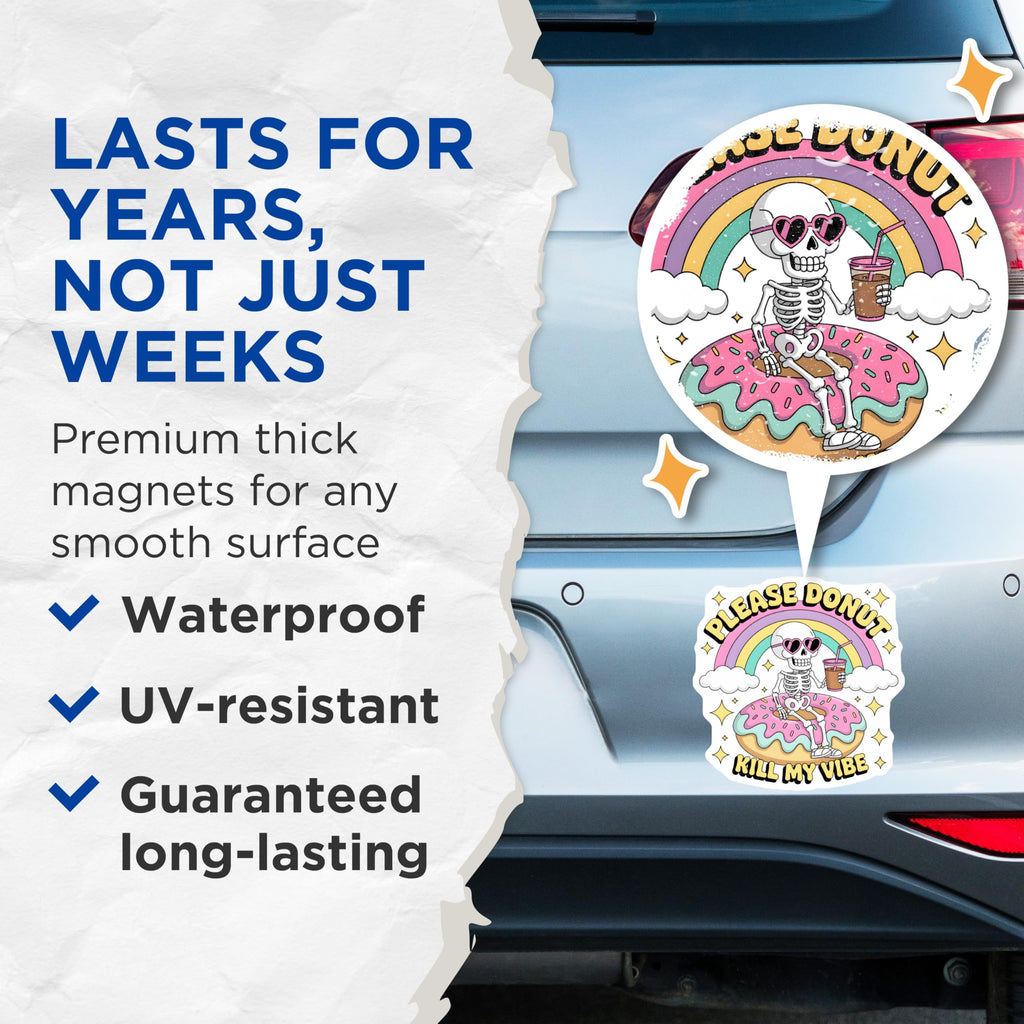 (2 Pack) Skeleton Donut Magnets - Humorous Vibe Checker Magnet - Pastel Rainbow Skeleton Art - Quirky Aesthetic Fridge Decor - 5 Inches On Longest Side - Thick Durable Magnet - Made in USA - MAG22680
