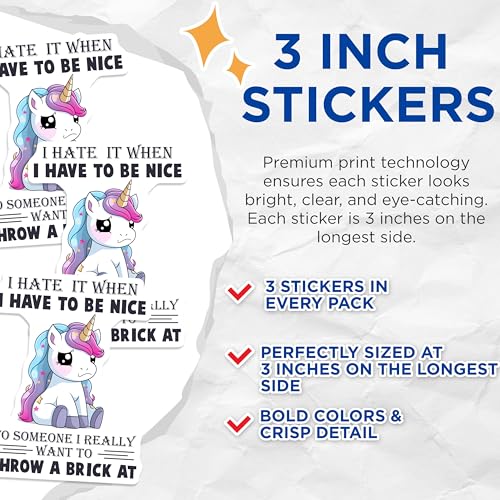 (3 Pack) Sarcastic Unicorn Decals - Funny Quote Laptop Decal - I Hate People Sticker - 3 Inches On Longest Side - Easy Peel & Apply - Made in USA - 3MCS6573