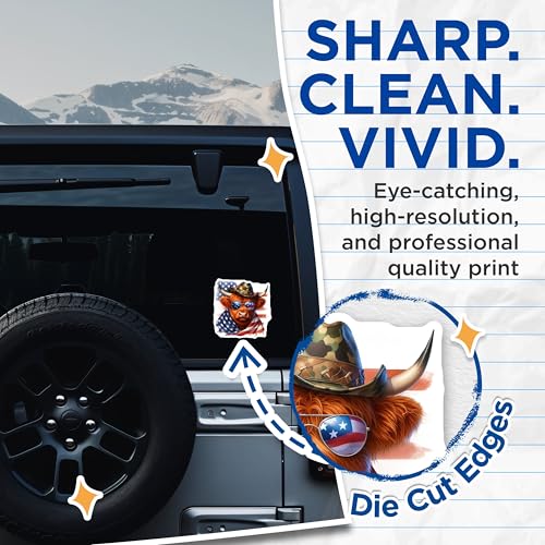 (2 Pack) Highland Cow Stickers - Patriotic Animal - Cool Sunglasses Bull Sticker - 5" On Longest Side - Sticks to Smooth Flat Surfaces - Made in USA - BMCS6353