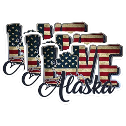 (3 Pack) Alaska Love Decals - USA Flag - State Pride - 3 Inches On Longest Side - Easy Peel & Apply - Made in USA - 3MCS0293