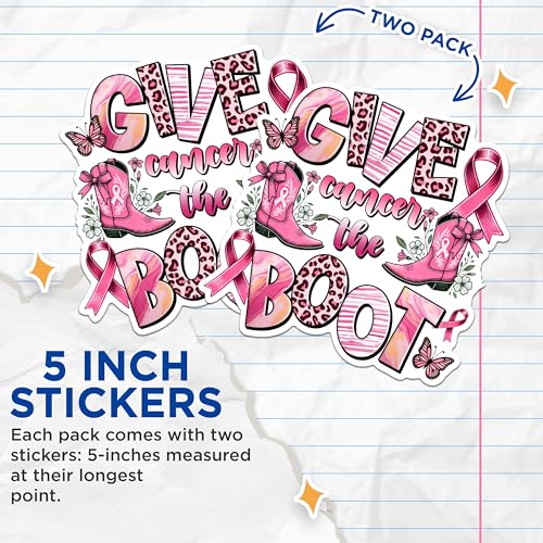 (2 Packs) Give Cancer The Boot Stickers - Breast Cancer Awareness Decals - 5 Inches On Longest Side - Premium Vinyl Decal - Sticks to Any Smooth Flat Surface - Made in USA - BMCS2434