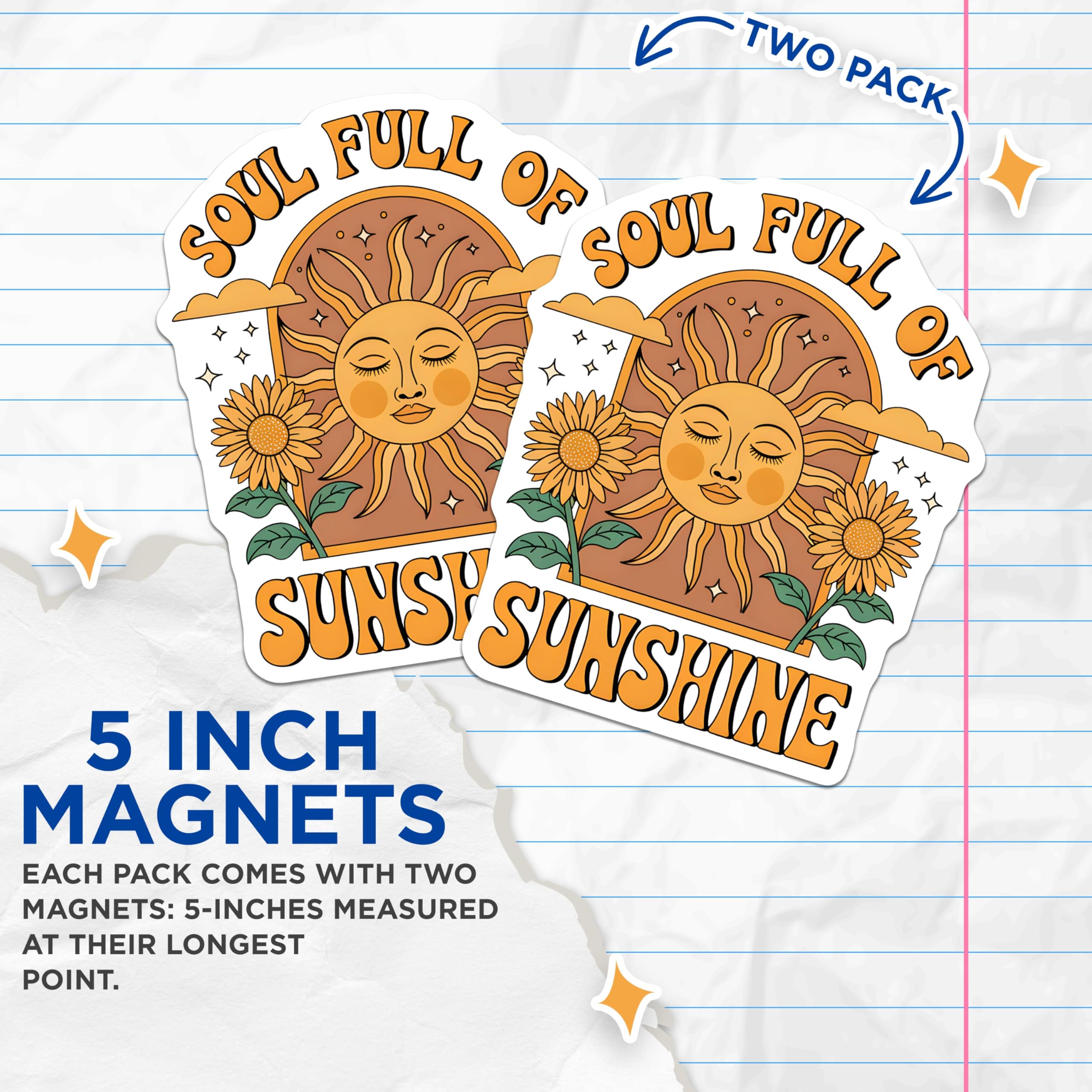 (2 Pack) Soul Full of Sunshine Magnets - Retro Sun Flower - Positive Vibes Home Decor - 5" On Longest Side - Premium Magnet - for Cars, Refrigerators, Toolboxes, Lockers - Made in USA - MAG18505