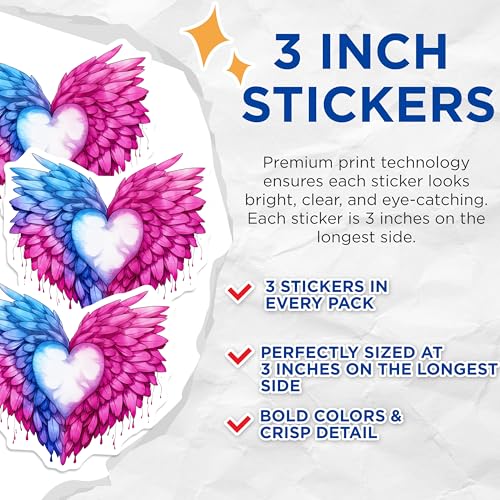 (3 Pack) Feather Heart Decals - Winged Heart Stickers - Pink Blue Heart Decal- 3 Inches On Longest Side - Easy Peel & Apply - Made in USA - 3MCS5991