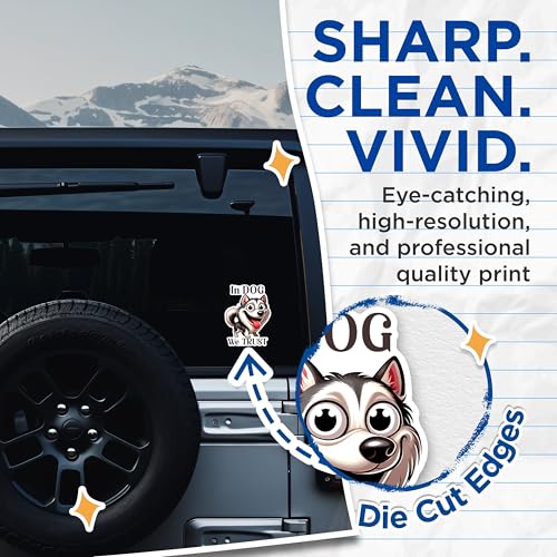 (2 Packs) in Dog We Trust Stickers - Funny Cute Wild Dog Decals - 5 Inches On Longest Side - Premium Vinyl Decal - Sticks to Any Smooth Flat Surface - Made in USA - BMCS2395