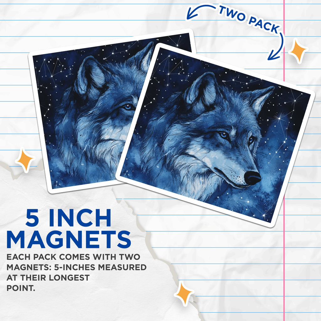 (2 Pack) Celestial Wolf Magnets - Starry Night Animal Decor - Mystical Spirit Art - 5 Inches On Longest Side - Thick Durable Magnet - Made in USA - MAG37598