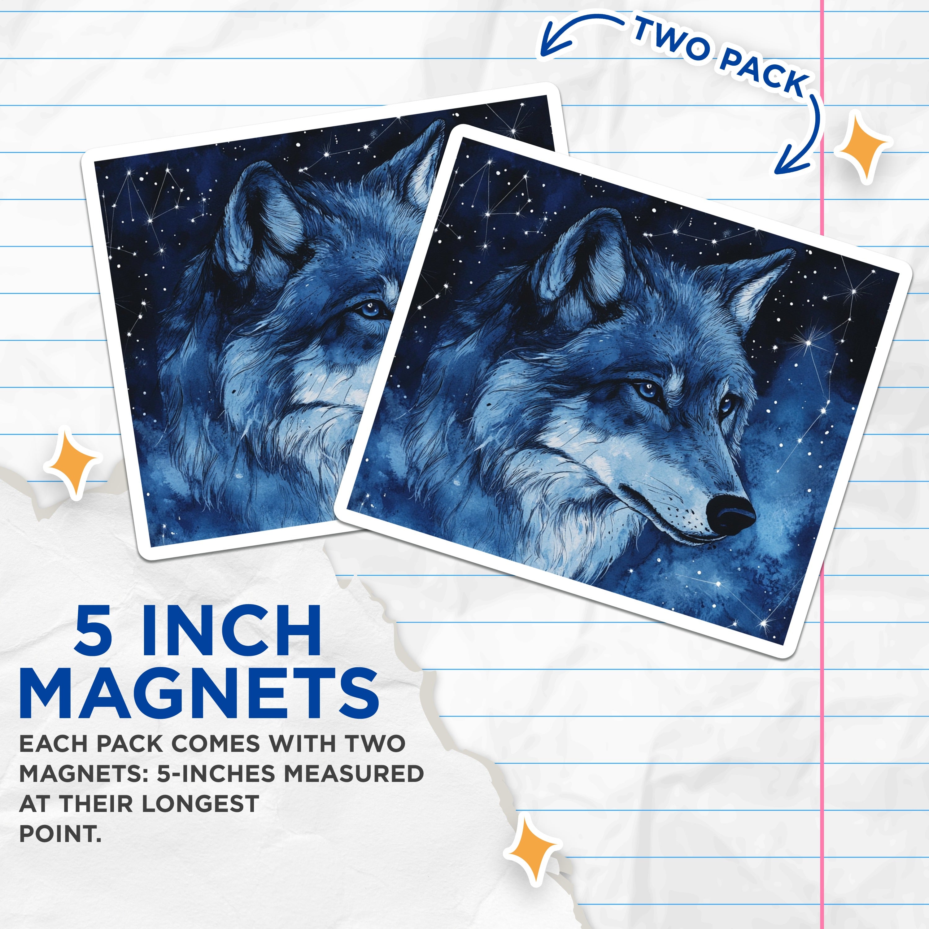 (2 Pack) Celestial Wolf Magnets - Starry Night Animal Decor - Mystical Spirit Art - 5 Inches On Longest Side - Thick Durable Magnet - Made in USA - MAG37598