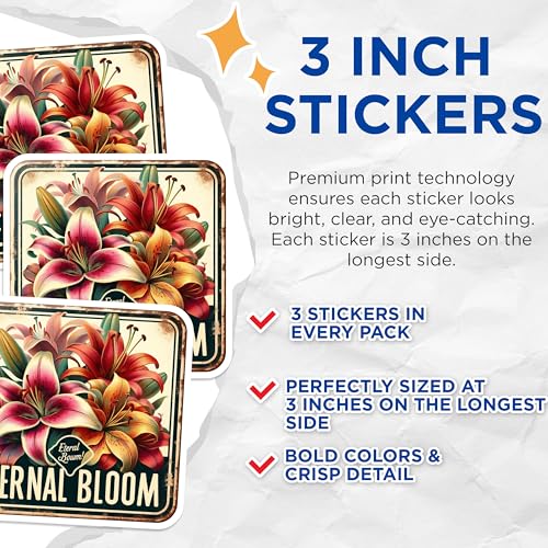 (3 Pack) Lily Flower Decals - Floral Laptop Decals - Botanical Sticker- 3 Inches On Longest Side - Easy Peel & Apply - Made in USA - 3MCS5293