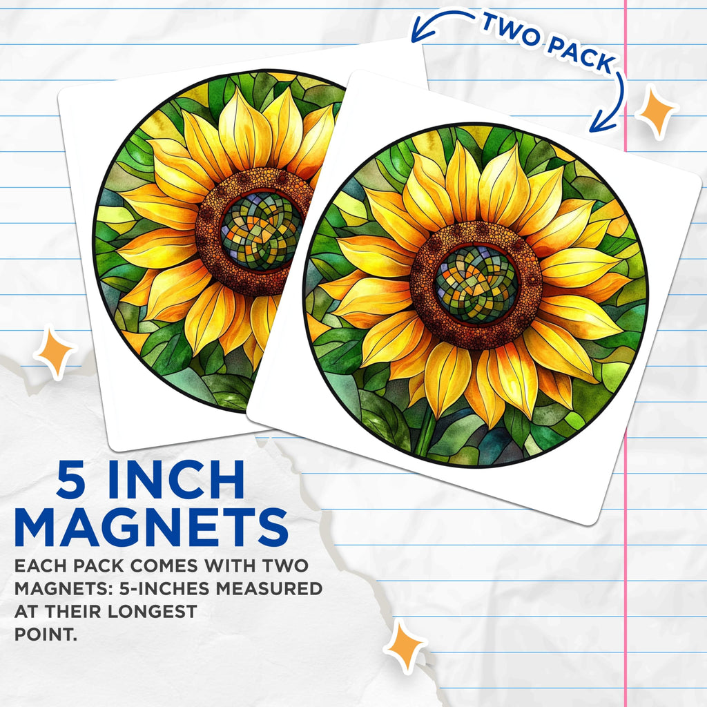 (2 Pack) Stained Glass Sunflower Magnets - Vibrant Botanical Decor - Artistic Refrigerator Art - 5 Inches On Longest Side - Thick Durable Magnet - Made in USA - MAG30875