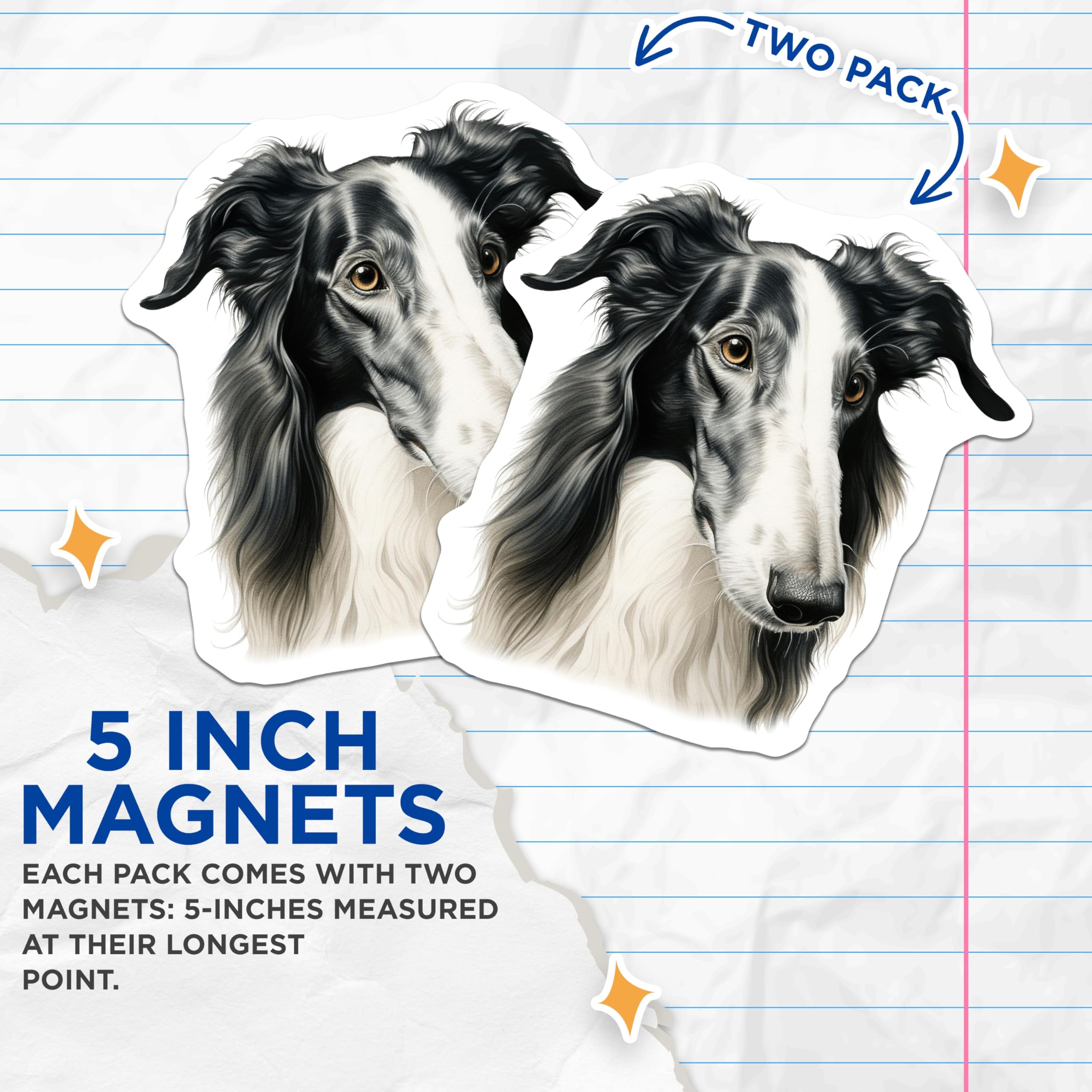(2 Pack) Borzoi Dog Magnets - Elegant Sighthound Art - Pet Lover Refrigerator Decor - 5 Inches On Longest Side - Thick Durable Magnet - Made in USA - MAG30322