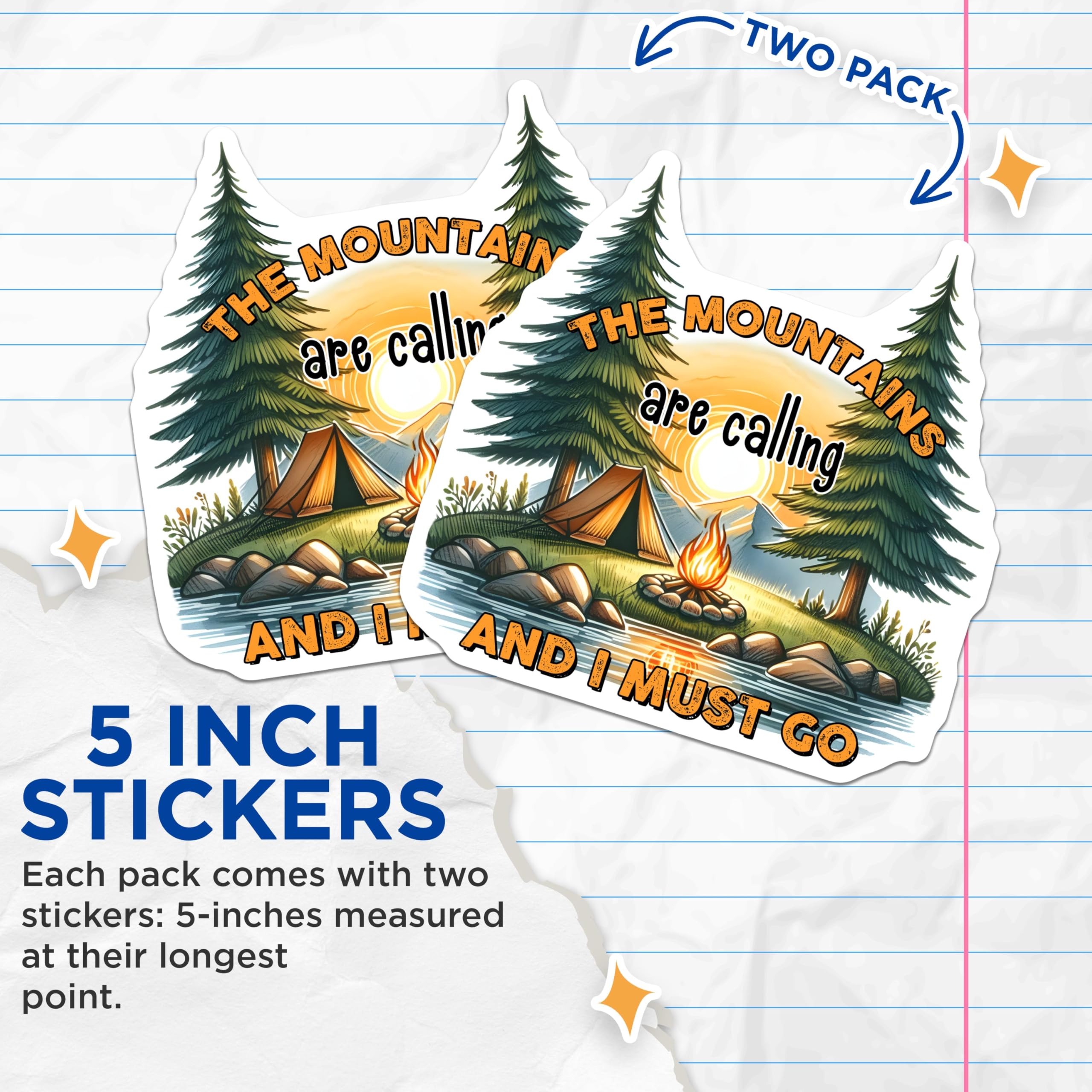 (2 Pack) The Mountains are Calling Stickers - Nature Camping Adventure Stickers - Outdoor Enthusiast Decal - 5" On Longest Side - Sticks to Any Smooth Flat Surface - Made in USA - BMCS3270