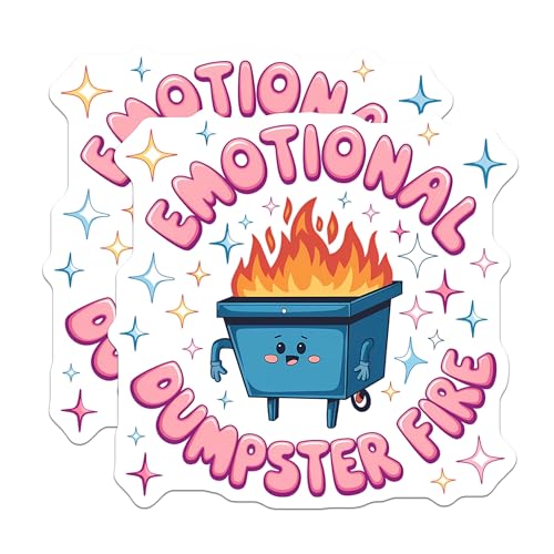 (2 Pack) Emotional Dumpster Fire Stickers - Funny Cartoon Sticker - Mood Tracker Decal - 5" On Longest Side - Sticks to Smooth Flat Surfaces - Made in USA - BMCS9429