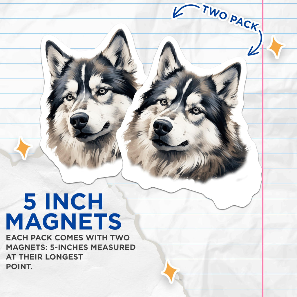 (2 Pack) Husky Dog Magnets - Siberian Husky Art - Pet Parent Refrigerator Accessory - Animal Lover Canine Decor - 5 Inches On Longest Side - Thick Durable Magnet - Made in USA - MAG28036