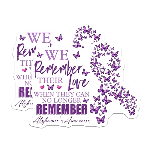 (2 Pack) Alzheimer's Awareness Stickers - We Remember Their Love - Purple Butterflies Decal - 5" On Longest Side - Sticks to Smooth Flat Surfaces - Made in USA - BMCS9789