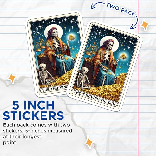 (2 Pack) The Thriving Trader Stickers - Skeleton Stickers - Tarot Card Stickers - 5" On Longest Side - Sticks to Smooth Flat Surfaces - Made in USA - BMCS5511