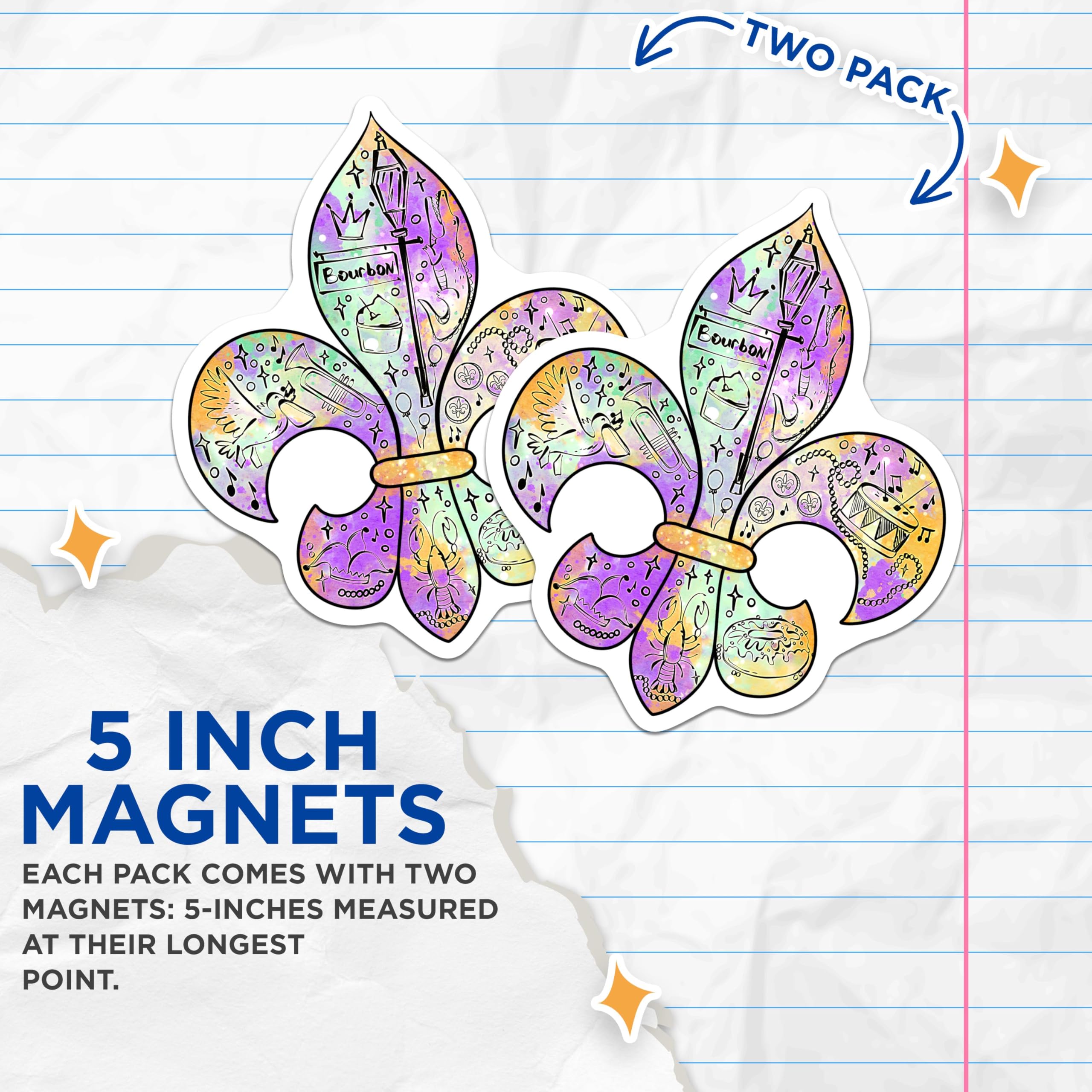 (2 Pack) New Orleans Inspired Magnets - Mardi Gras Fleur De Lis Design - Colorful Home Magnets - 5" On Longest Side - for Cars, Fridges, Toolboxes - Made in USA - MAG3995