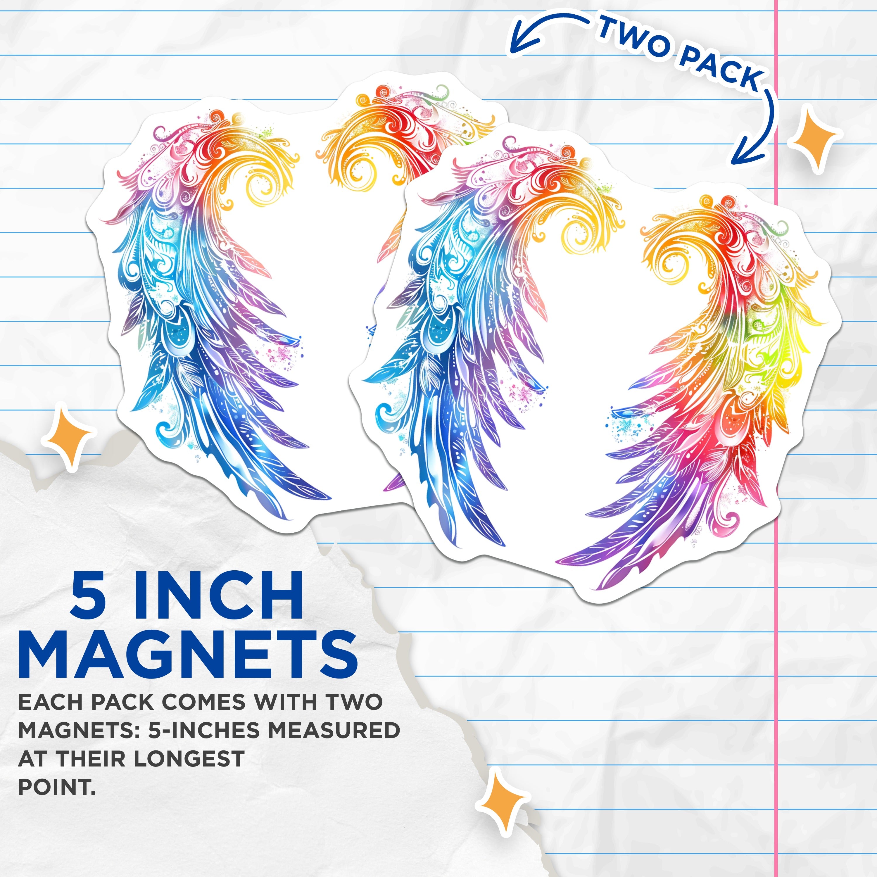 (2 Pack) Rainbow Wings Magnets - Colorful Angelic Art - Whimsical Boho Decor Fridge Accent - 5 Inches On Longest Side - Thick Durable Magnet - Made in USA - MAG39392