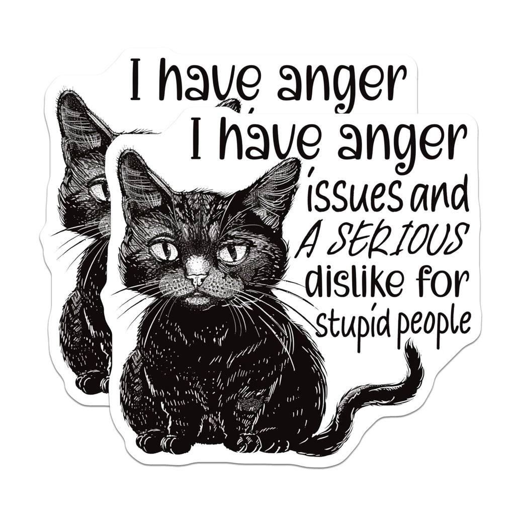 (2 Pack) Funny Cat Stickers - Anger Issues Cat Stickers - Sarcastic Quote Stickers - 5" On Longest Side - Sticks to Smooth Flat Surfaces - Made in USA - BMCS4335