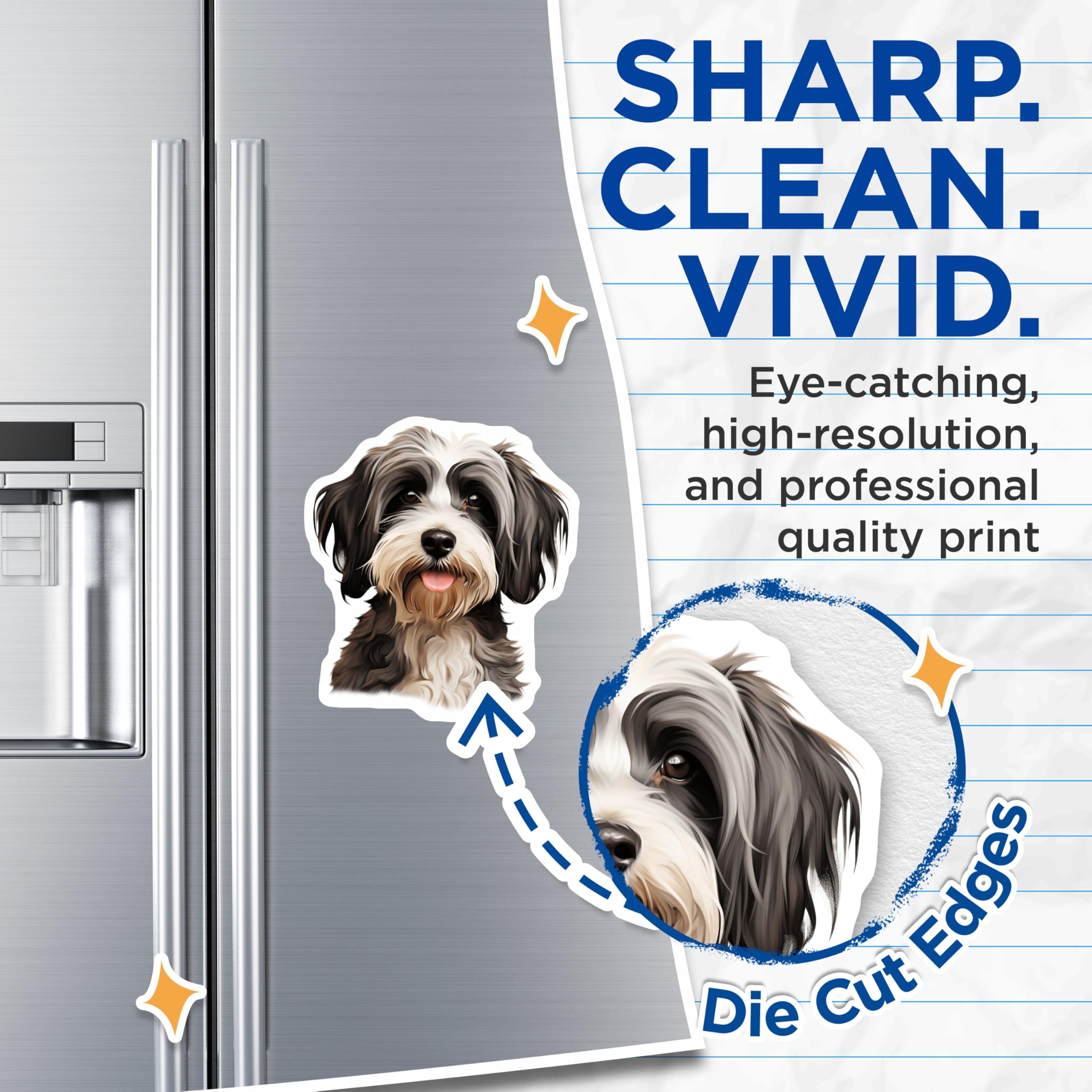 (2 Pack) Adorable Fluffy Dog Magnets - Cute Pet Owner Accessory - Black White Shaggy Pup Art - 5 Inches On Longest Side - Thick Durable Magnet - Made in USA - MAG30491