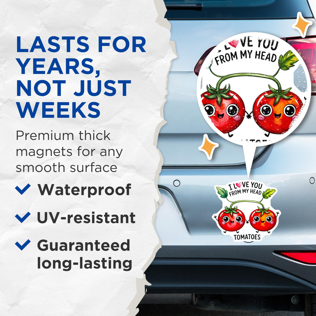 (2 Pack) Tomato Magnets - Cute Food Pun - Kitchen Refrigerator Decoration - 5" On Longest Side - Premium Magnet - for Cars, Refrigerators, Toolboxes, Lockers - Made in USA - MAG15445