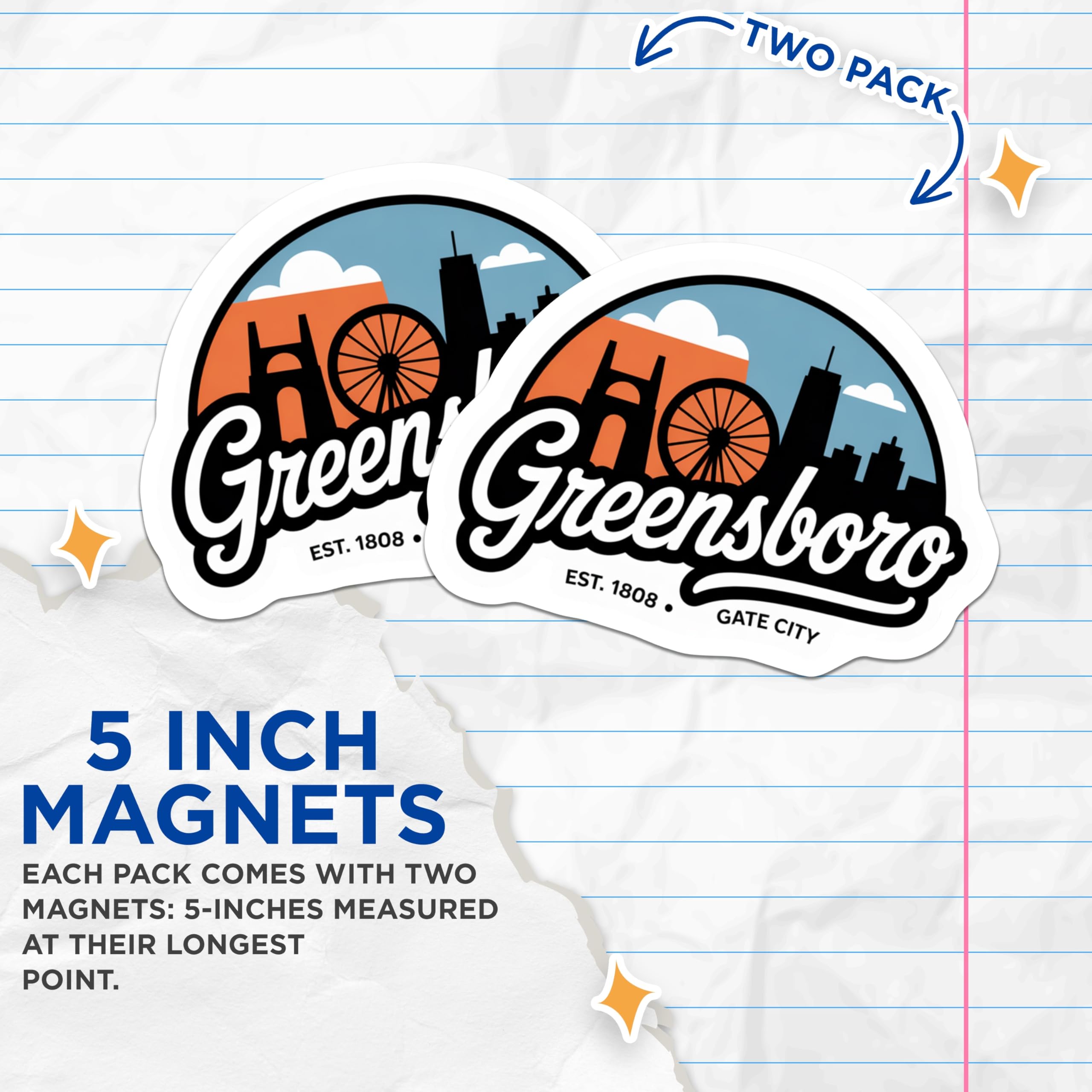(2 Pack) Greensboro NC Magnets - Gate City - North Carolina Souvenir - 5" On Longest Side - Premium Magnet - for Cars, Refrigerators, Toolboxes, Lockers - Made in USA - MAG17917