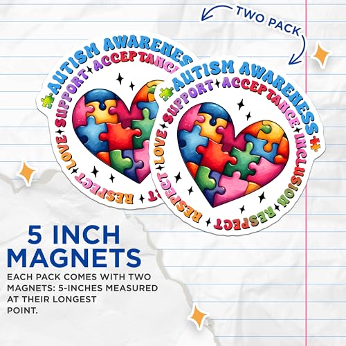 (2 Pack) Autism Awareness Magnets - Support Inclusion Love Magnets - Respect Acceptance Autism Magnets - 5" On Longest Side - for Cars, Refrigerators, Toolboxes, Lockers - Made in USA BMCS3203