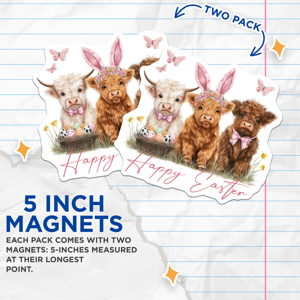 (2 Pack) Highland Cow Easter Magnets - Cute Baby Calf Spring Decor - Farm Animal Kitchen Fridge Magnet - 5 Inches On Longest Side - Thick Durable Magnet - Made in USA - MAG36978