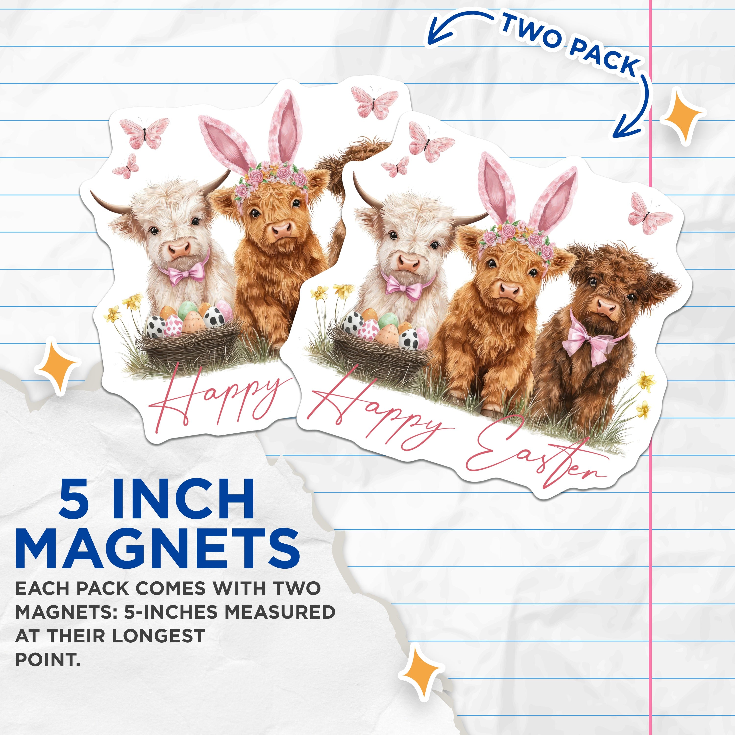 (2 Pack) Highland Cow Easter Magnets - Cute Baby Calf Spring Decor - Farm Animal Kitchen Fridge Magnet - 5 Inches On Longest Side - Thick Durable Magnet - Made in USA - MAG36978