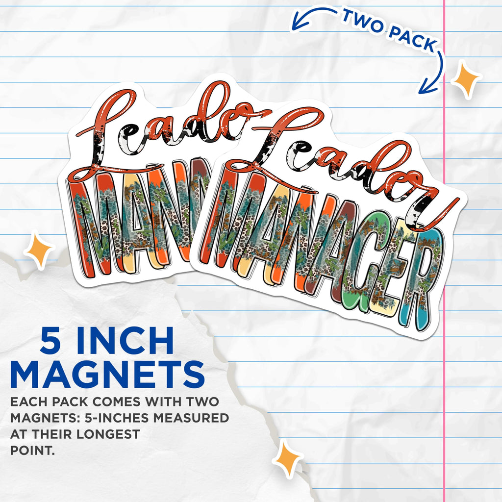 (2 Pack) Leader Manager Magnets - Western Boho Decor - Office Inspiration - Cowhide Cacti Sunflowers - Boss Babe Accessories - 5 Inches On Longest Side - Thick Durable Magnet - Made in USA - MAG19443