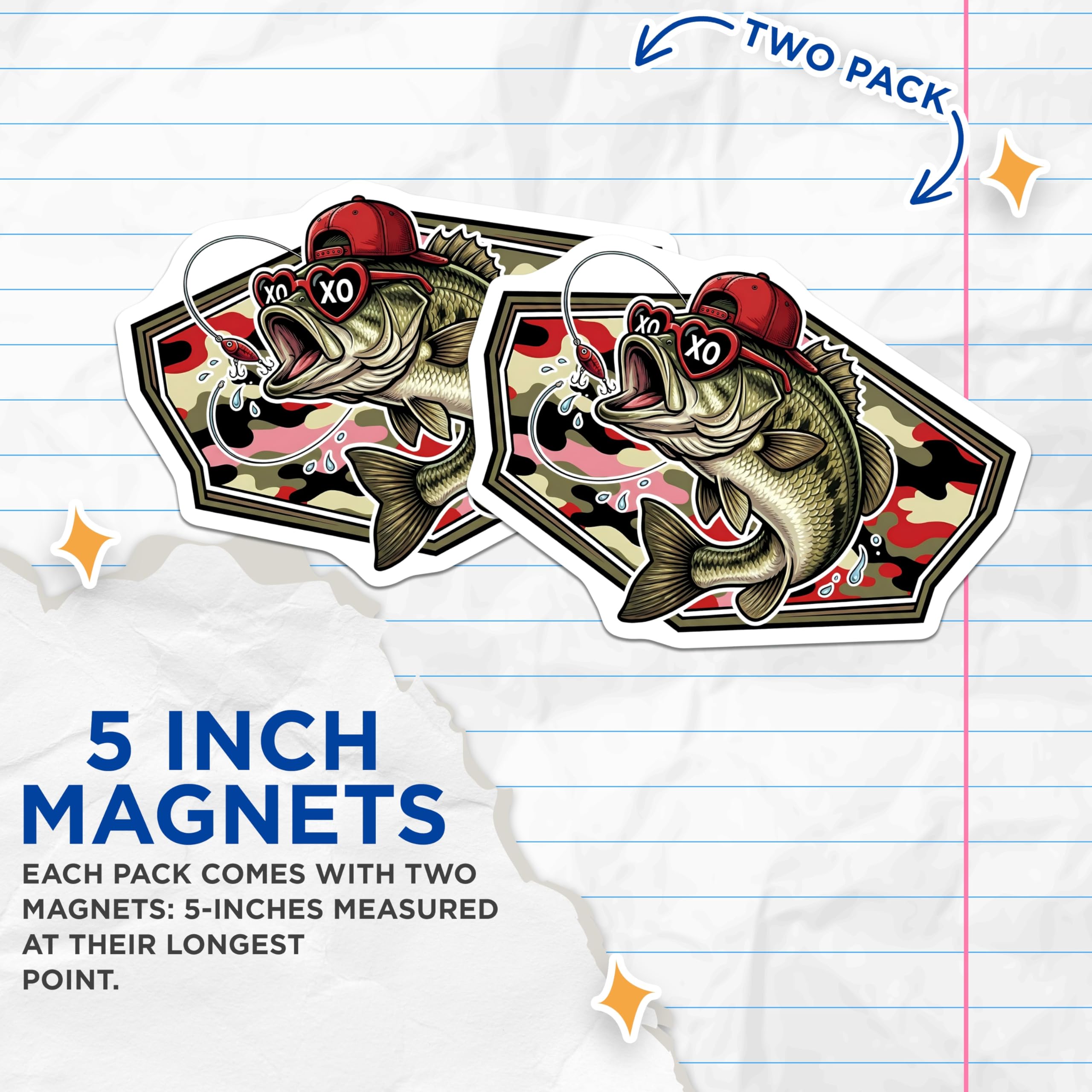 (2 Pack) Bass Fishing Magnets - Fish in Cap with Glasses - Quirky Angler Art - 5" On Longest Side - Premium Magnet - for Cars, Refrigerators, Toolboxes, Lockers - Made in USA - MAG16758
