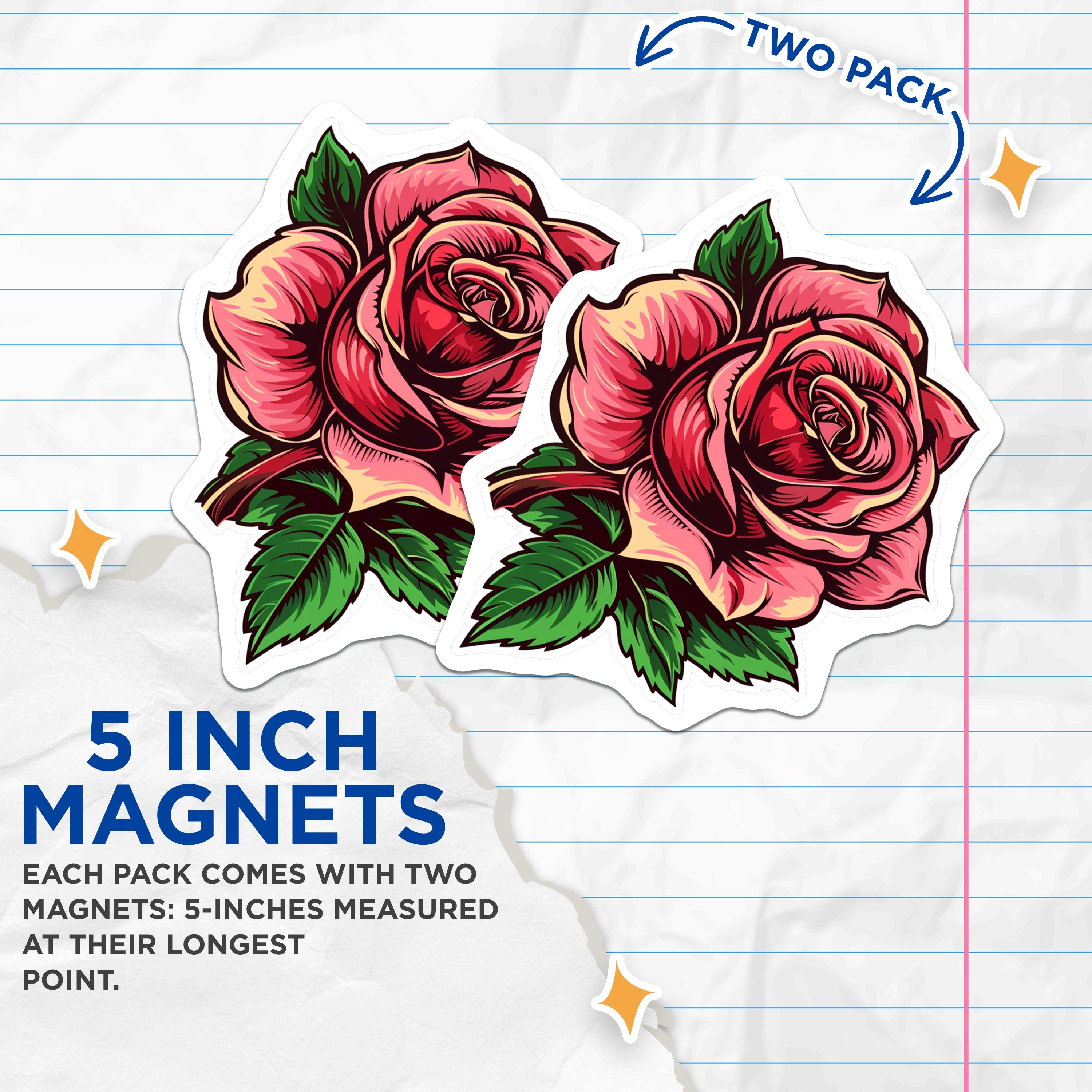 (2 Pack) Illustrative Rose Magnets - Neo Traditional Floral - Refrigerator Locker Decor - 5 Inches On Longest Side - Thick Durable Magnet - Made in USA - MAG38559