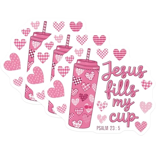 (3 Pack) Jesus Fills My Cup Decals - Psalm 23 5 - Christian Laptop Decals - 3 Inches On Longest Side - Easy Peel & Apply - Made in USA - 3MCS7686