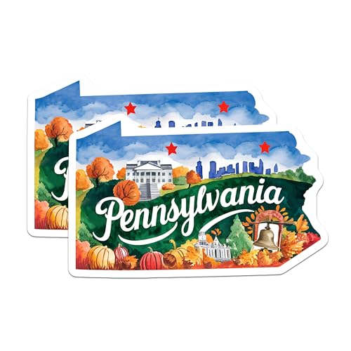 (2 Pack) Pennsylvania State Stickers - Pennsylvania Landmarks - Fall Foliage Stickers - 5" On Longest Side - Sticks to Smooth Flat Surfaces - Made in USA - BMCS6315